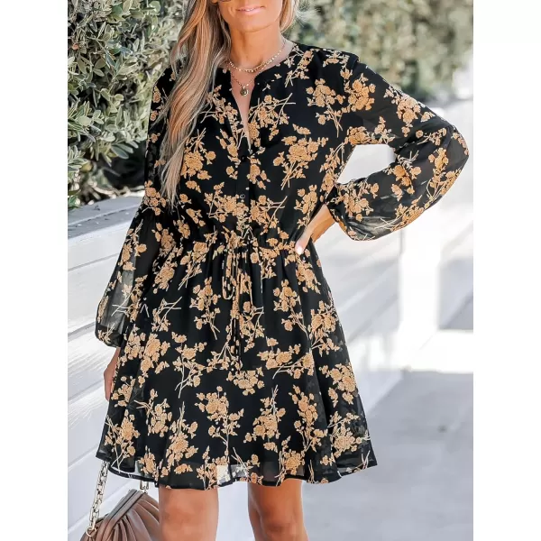 imageCUPSHE Womens V Neck Disty Floral Print Long Sleeve Button Front Mini Dress Casual Belted A Line Short DressBlack
