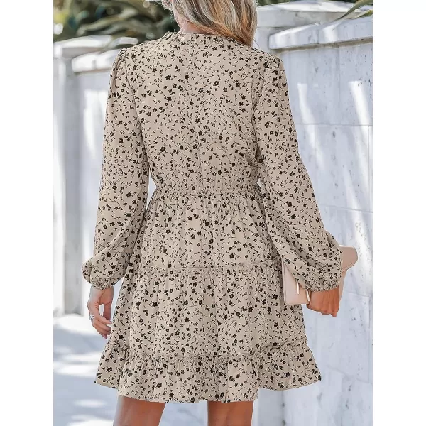 imageCUPSHE Womens V Neck Disty Floral Print Tiered Ruffled Long Sleeve Mini Dress Casual Drawstring A Line Short DressTan