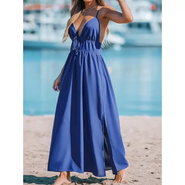 imageCUPSHE Womens V Neck Drawstring Waist Dress Pleated Adjustable Cami Straps Formal Dress A Line Maxi DressBlue