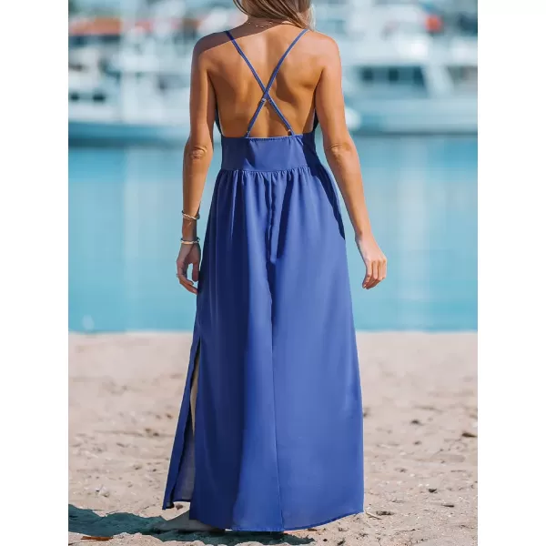 imageCUPSHE Womens V Neck Drawstring Waist Dress Pleated Adjustable Cami Straps Formal Dress A Line Maxi DressBlue