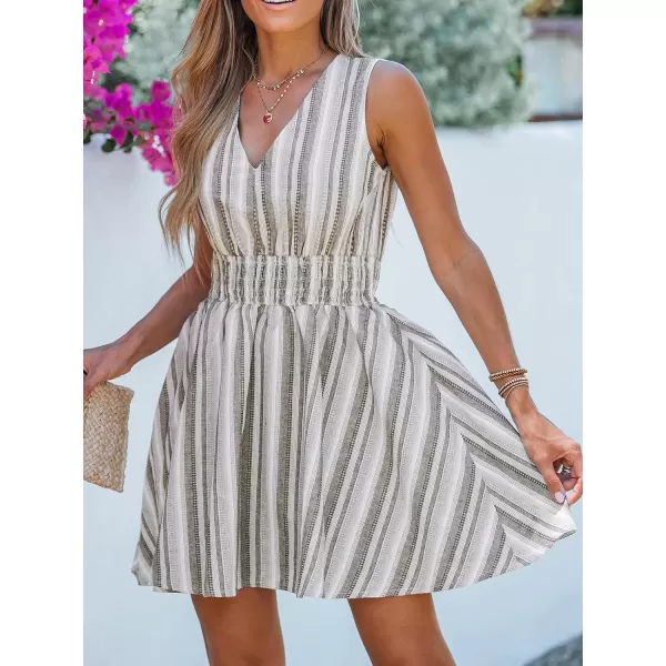 imageCUPSHE Womens V Neck Dress Sleeveless Striped Smocked Flare Dresses Casual SummerBlack