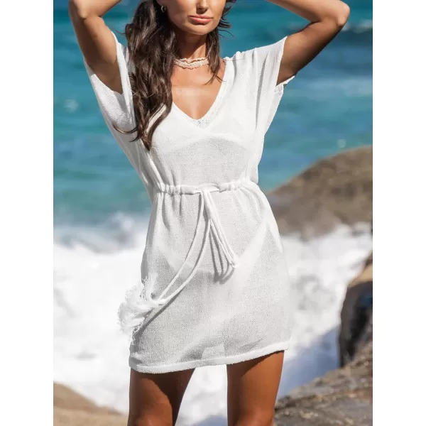 imageCUPSHE Womens V Neck Elastic Waist Tassel Cover Up Dress Short Sleeve Fringe Beach Mini DressWhite