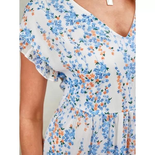 imageCUPSHE Womens V Neck Floral Babydoll Mini Dress Short Sleeve Tiered Flowying A Line DressWhite