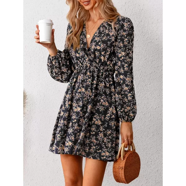 imageCUPSHE Womens V Neck Floral Mini Dress Long Sleeve A Line SurpliceBlack
