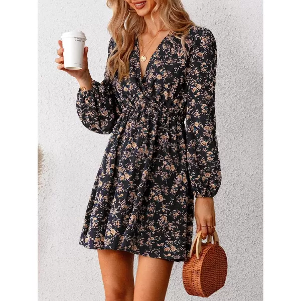 imageCUPSHE Womens V Neck Floral Mini Dress Long Sleeve A Line SurpliceBlack