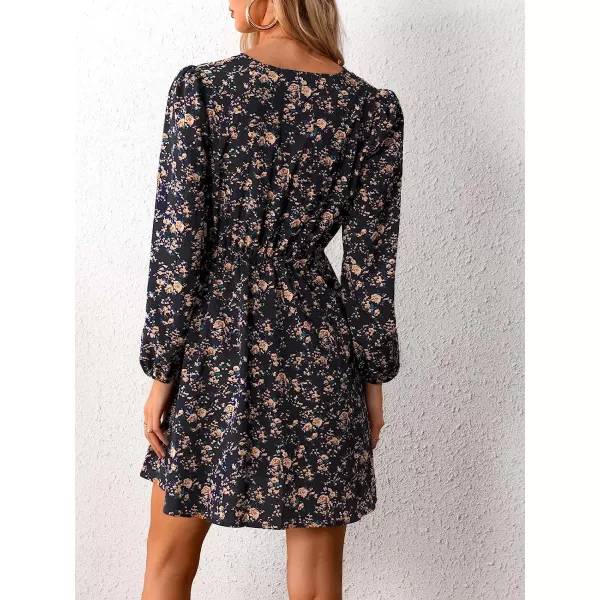 imageCUPSHE Womens V Neck Floral Mini Dress Long Sleeve A Line SurpliceBlack
