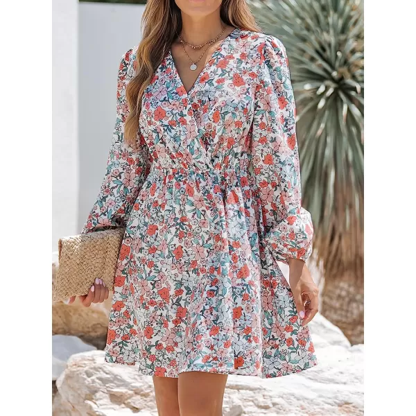 imageCUPSHE Womens V Neck Floral Mini Dress Long Sleeve A Line SurpliceOrange Floral