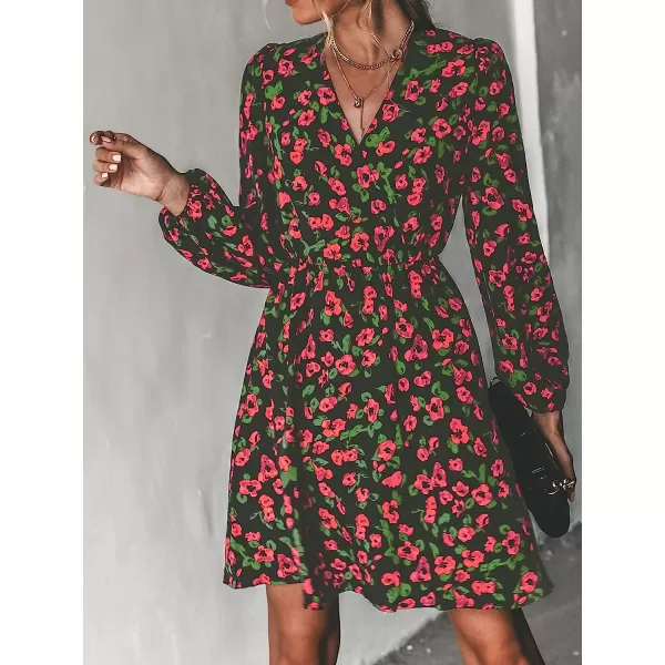 imageCUPSHE Womens V Neck Floral Mini Dress Long Sleeve A Line SurpliceRed