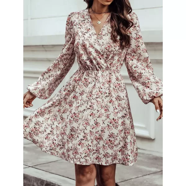imageCUPSHE Womens V Neck Floral Mini Dress Long Sleeve A Line SurpliceWhite