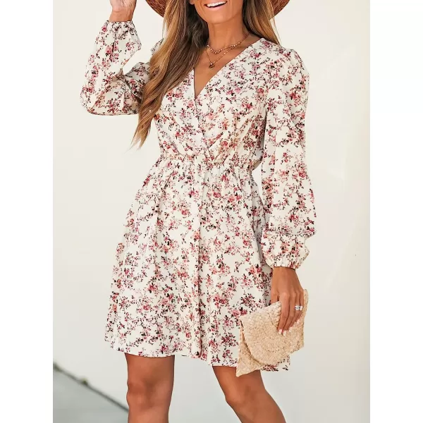 imageCUPSHE Womens V Neck Floral Mini Dress Long Sleeve A Line SurpliceWhite