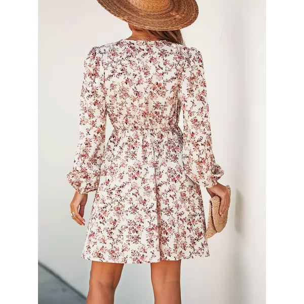 imageCUPSHE Womens V Neck Floral Mini Dress Long Sleeve A Line SurpliceWhite