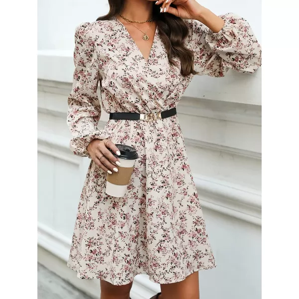 imageCUPSHE Womens V Neck Floral Mini Dress Long Sleeve A Line SurpliceWhite