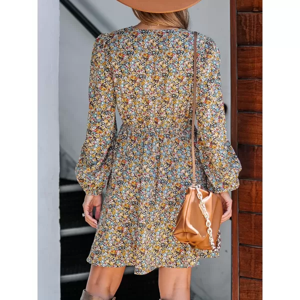 imageCUPSHE Womens V Neck Floral Mini Dress Long Sleeve A Line SurpliceYellow Floral