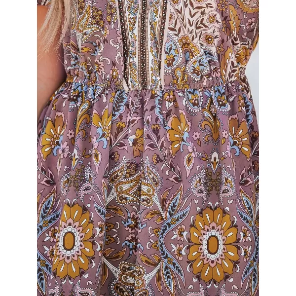 imageCUPSHE Womens V Neck Floral Paisley Print Short Sleeve Bohemia Mini Dress Casual A Line Summer Short DressPurple Floral