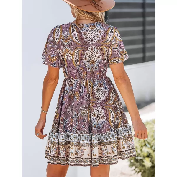 imageCUPSHE Womens V Neck Floral Paisley Print Short Sleeve Bohemia Mini Dress Casual A Line Summer Short DressPurple Floral