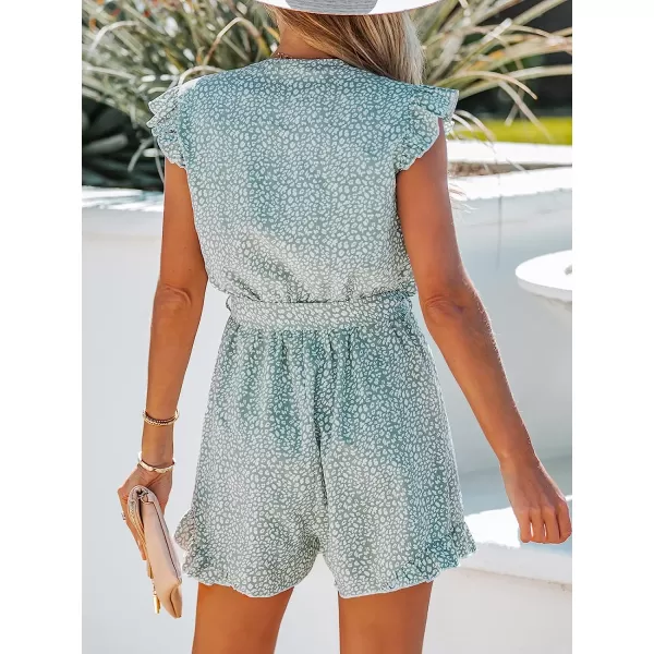 imageCUPSHE Womens V Neck Floral Print Belted Elastic Waist Romper Ruffled Cap Sleeves Mini JumpsuitGreen Floral