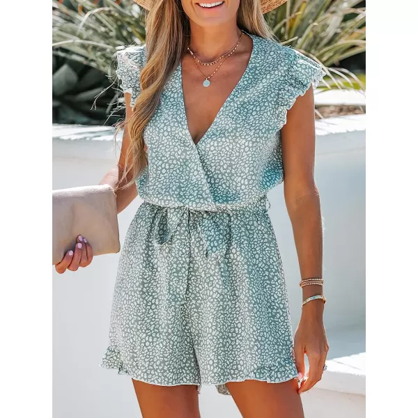 imageCUPSHE Womens V Neck Floral Print Belted Elastic Waist Romper Ruffled Cap Sleeves Mini JumpsuitGreen Floral