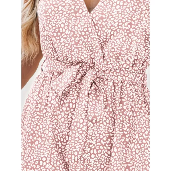 imageCUPSHE Womens V Neck Floral Print Belted Elastic Waist Romper Ruffled Cap Sleeves Mini JumpsuitPink