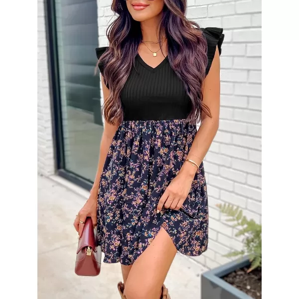 imageCUPSHE Womens V Neck Floral Print Cap Ruffled Sleeve Mini Dress Casual A Line Side Slit Summer Short DressBlack Floral