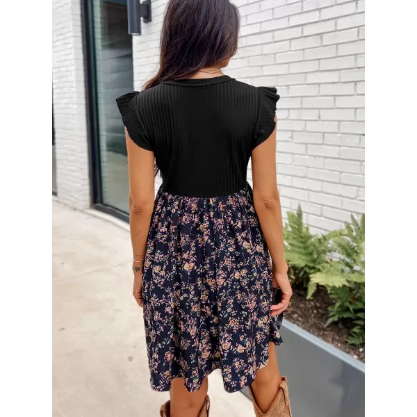 imageCUPSHE Womens V Neck Floral Print Cap Ruffled Sleeve Mini Dress Casual A Line Side Slit Summer Short DressBlack Floral