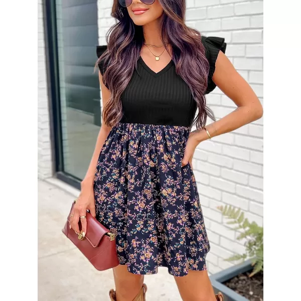 imageCUPSHE Womens V Neck Floral Print Cap Ruffled Sleeve Mini Dress Casual A Line Side Slit Summer Short DressBlack Floral