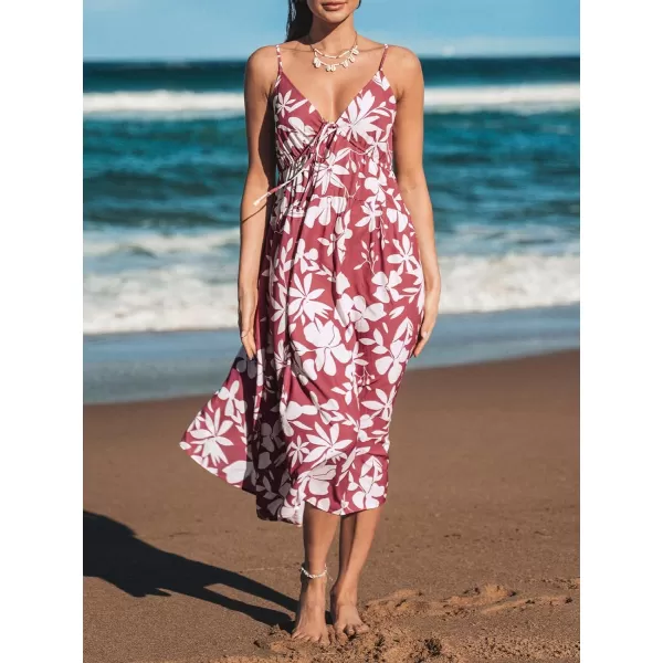 imageCUPSHE Womens V Neck Floral Print Drawstring Front Midi Dress A Line Long Cami DressRed