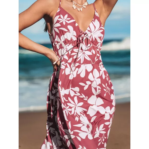 imageCUPSHE Womens V Neck Floral Print Drawstring Front Midi Dress A Line Long Cami DressRed