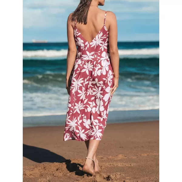 imageCUPSHE Womens V Neck Floral Print Drawstring Front Midi Dress A Line Long Cami DressRed
