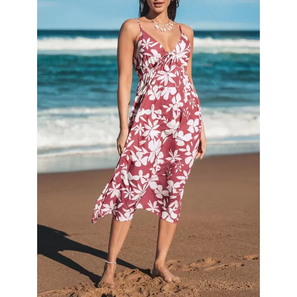 imageCUPSHE Womens V Neck Floral Print Drawstring Front Midi Dress A Line Long Cami DressRed