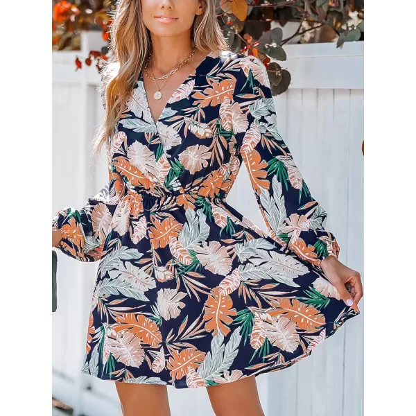 imageCUPSHE Womens V Neck Floral Print Long Sleeve Elastic Waist A Line Mini Dress NavyNavy Floral