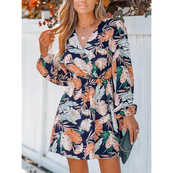 imageCUPSHE Womens V Neck Floral Print Long Sleeve Elastic Waist A Line Mini Dress NavyNavy Floral