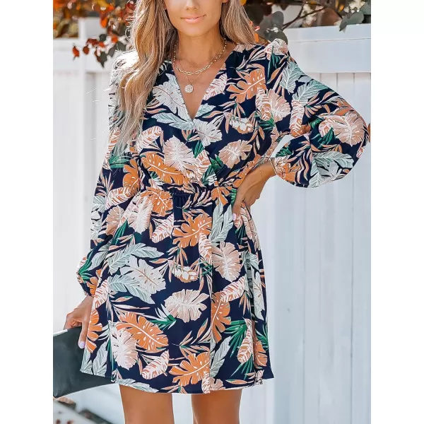 imageCUPSHE Womens V Neck Floral Print Long Sleeve Elastic Waist A Line Mini Dress NavyNavy Floral