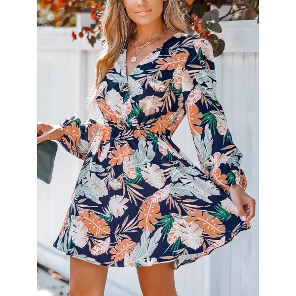 imageCUPSHE Womens V Neck Floral Print Long Sleeve Elastic Waist A Line Mini Dress NavyNavy Floral