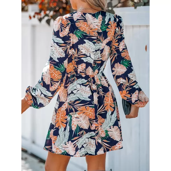 imageCUPSHE Womens V Neck Floral Print Long Sleeve Elastic Waist A Line Mini Dress NavyNavy Floral