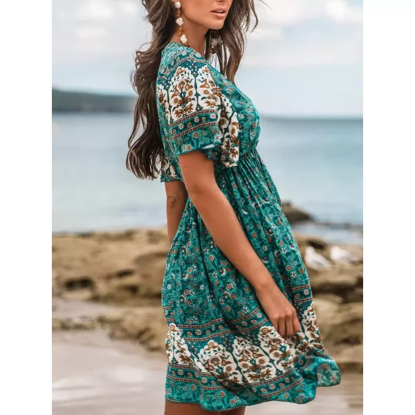 imageCUPSHE Womens V Neck Floral Print Short Dress Elastic Waist Short Sleeve Formal Dress A Line Mini DressGreen Floral