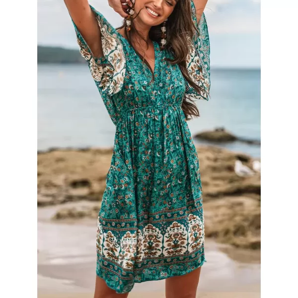 imageCUPSHE Womens V Neck Floral Print Short Dress Elastic Waist Short Sleeve Formal Dress A Line Mini DressGreen Floral