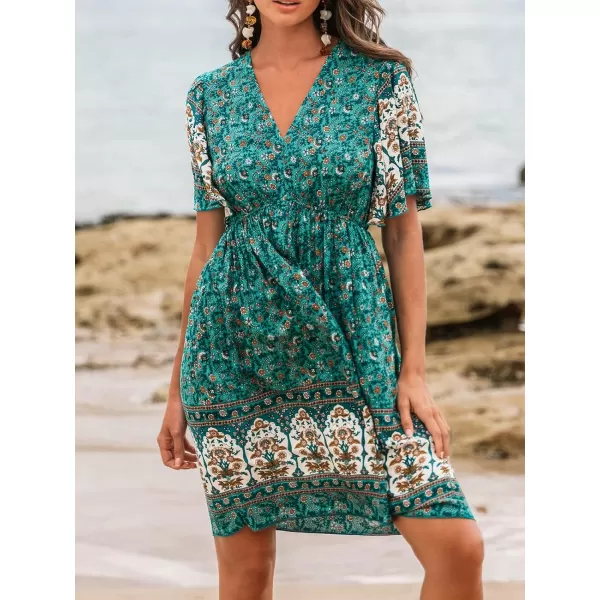 imageCUPSHE Womens V Neck Floral Print Short Dress Elastic Waist Short Sleeve Formal Dress A Line Mini DressGreen Floral