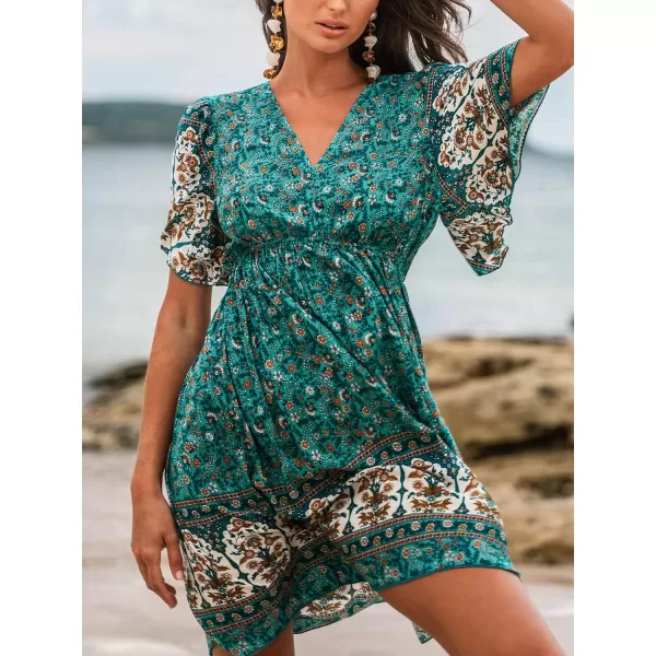 imageCUPSHE Womens V Neck Floral Print Short Dress Elastic Waist Short Sleeve Formal Dress A Line Mini DressGreen Floral