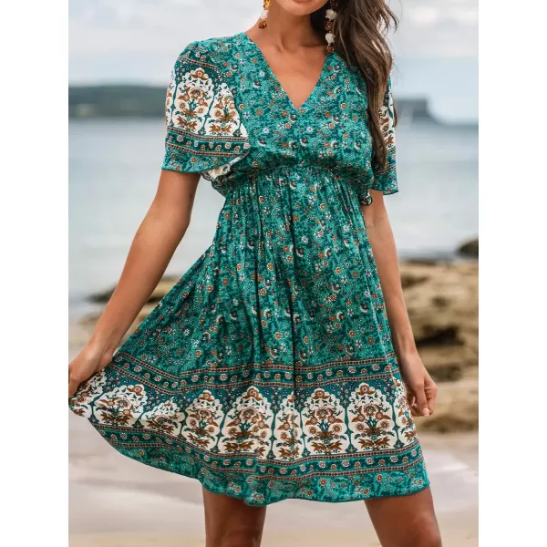 imageCUPSHE Womens V Neck Floral Print Short Dress Elastic Waist Short Sleeve Formal Dress A Line Mini DressGreen Floral