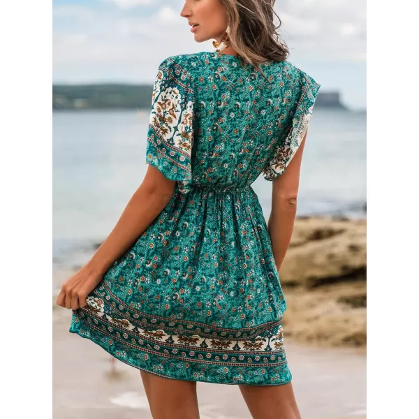 imageCUPSHE Womens V Neck Floral Print Short Dress Elastic Waist Short Sleeve Formal Dress A Line Mini DressGreen Floral