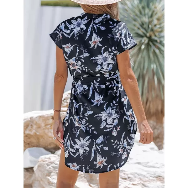 imageCUPSHE Womens V Neck Floral Print Short Sleeve Belted Mini Dress Casual Short Slit DressBlack