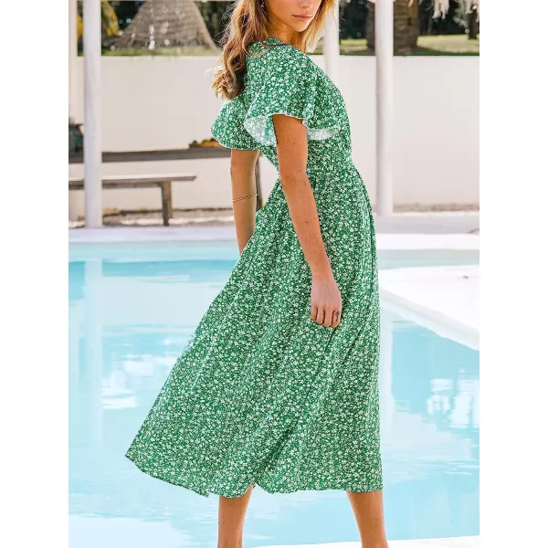 imageCUPSHE Womens V Neck Floral Print Short Sleeve Midi Dress Casual A Line Belted Summer Long DressGreen Floral
