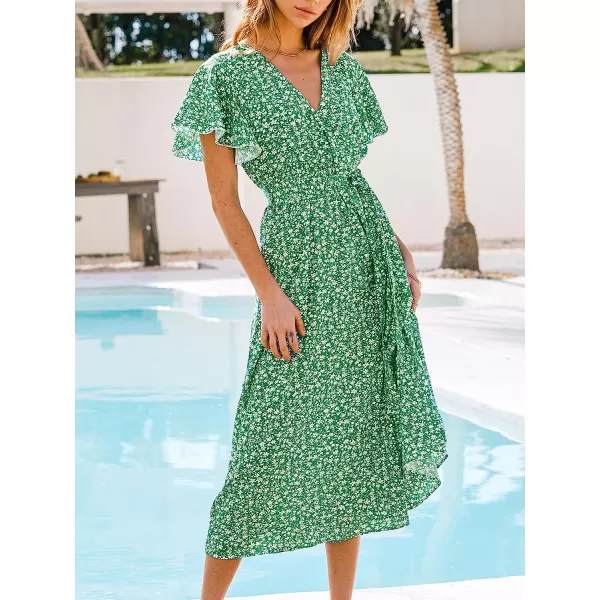 imageCUPSHE Womens V Neck Floral Print Short Sleeve Midi Dress Casual A Line Belted Summer Long DressGreen Floral