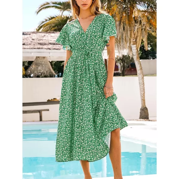 imageCUPSHE Womens V Neck Floral Print Short Sleeve Midi Dress Casual A Line Belted Summer Long DressGreen Floral