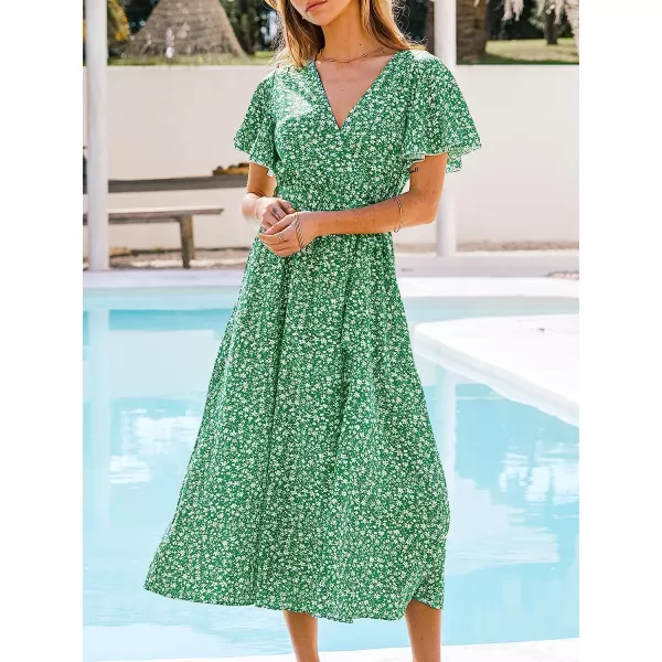 imageCUPSHE Womens V Neck Floral Print Short Sleeve Midi Dress Casual A Line Belted Summer Long DressGreen Floral