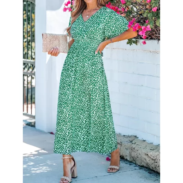 imageCUPSHE Womens V Neck Floral Print Short Sleeve Smocked Maxi Dress Casual A Line Side Slit Summer Long DressGreen