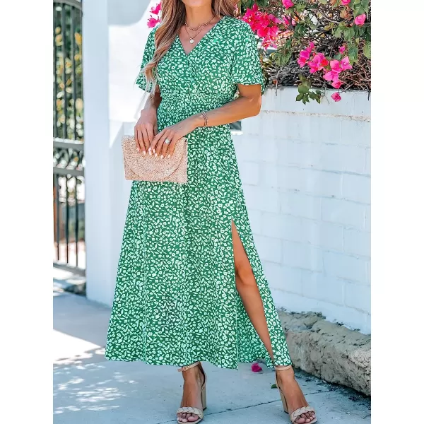 imageCUPSHE Womens V Neck Floral Print Short Sleeve Smocked Maxi Dress Casual A Line Side Slit Summer Long DressGreen