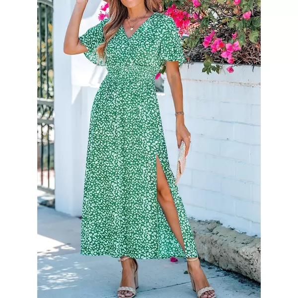 imageCUPSHE Womens V Neck Floral Print Short Sleeve Smocked Maxi Dress Casual A Line Side Slit Summer Long DressGreen