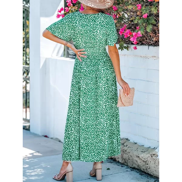 imageCUPSHE Womens V Neck Floral Print Short Sleeve Smocked Maxi Dress Casual A Line Side Slit Summer Long DressGreen