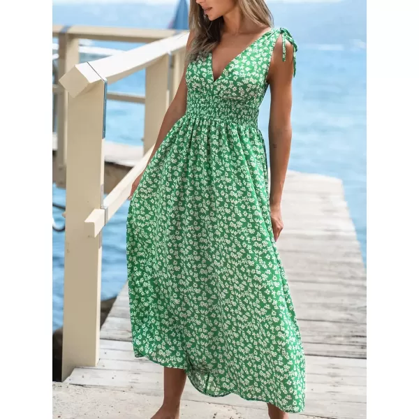 imageCUPSHE Womens V Neck Floral Print Sleeveless Long Dress SelfTie Straps High Waist Maxi Formal DressGreen Floral